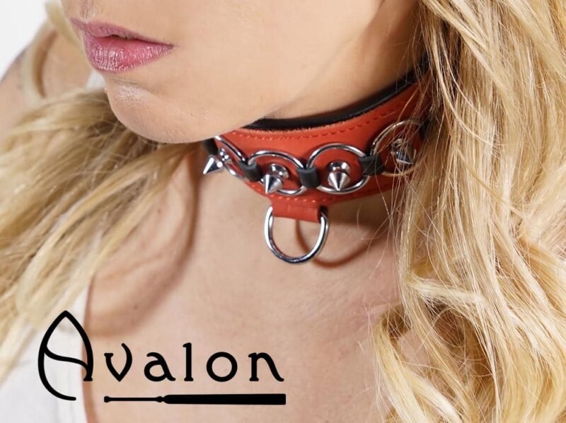 Avalon - WORSHIP - Collar med spisse nagler, ringer og D-ring - Rød og sort