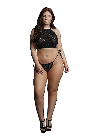 Le Desir - Festive Rhinestone - Undertøysett - Queen Size - XL-3XL - Sort