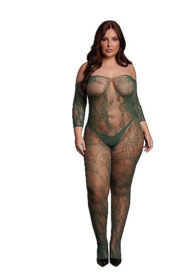 Le Desir - Sexy Catsuit med netting og blomstermønster - Queen Size - 2XL-5XL - Grønn