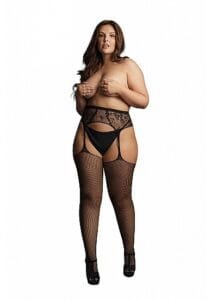 Le Desir - Nettingstrømper med strømpeholder med blondemønster - Sort - Queen size 2XL-5XL