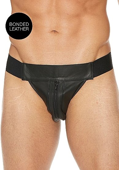 Ouch! Striped Front Zip Jock - Jockstrap - Bonded Leather - Sort