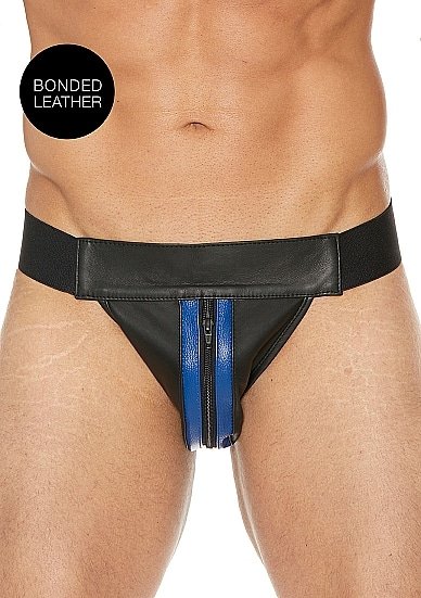 Ouch! Striped Front Zip Jock - Jockstrap - Bonded Leather - Sort/Blå