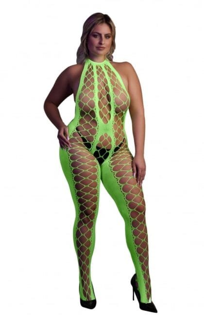 OUCH! - Glow in the dark - Bodystocking med Halterneck - Grønn XL/4XL