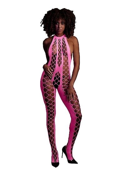 OUCH! - Glow in the dark - Bodystocking med Halterneck- Rosa XS/XL