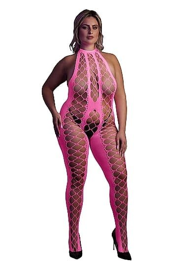 OUCH! - Glow in the dark - Bodystocking med Halterneck- Rosa XL/4XL