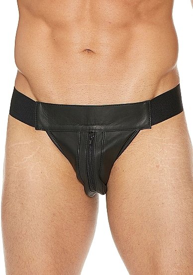 Ouch! Striped Front Zip Jock - Jockstrap - Mykt lær - Sort